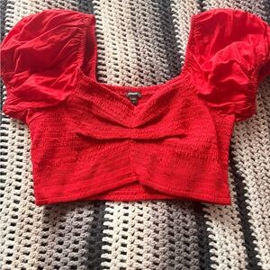 Express Red Smocked Puff-Sleeve Crop Top